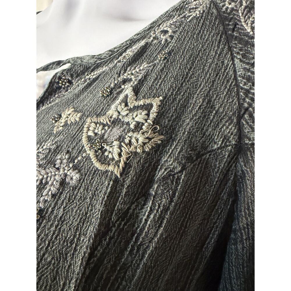 Dark Cottagecore Charcoal Gray Embroidered Boho Midi Dress Long Sleeve Size XL - Picture 4 of 8